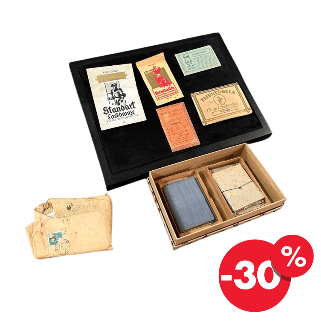Antikes Oberflächenveredelungs-Set von 1910 aus Blattgold, Lackbronze, Bronzestaub - aus Bares für Rares 2024 - Werkstattfürschönes