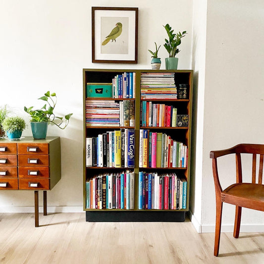 Gemütliches Wohnzimmer in Düsseldorf mit Bücherregal, Zimmerpflanzen und Vintage-Holzmöbeln.