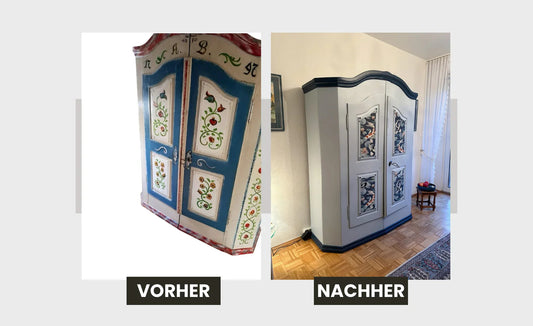 Vorher-nachher Bild: renovierter, handbemalter Schrank aus Möbelaufarbeitung Workshop in Düsseldorf.