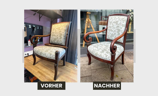 Vorher-Nachher-Vergleich eines restaurierten antiken Stuhls in der Werkstatt für Schönes Düsseldorf