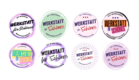 Acht bunte Logos mit dem Text 'Werkstatt für Schönes', DIY Workshops, Möbelumgestaltung.
