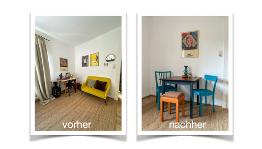 Raum Vorher-Nachher: Wohnzimmer mit gelbem Sofa, dann Essbereich mit bunten Stühlen, Werkstattfürschönes Düsseldorf