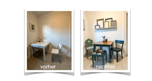 Vorher-nachher Bild: Essbereich mit schlichten weißen Möbeln, danach kreativ aufgearbeitete Möbel, dekorative Bilderrahmen und DIY-Dekoration in gemütlicher Werkstatt-Atmosphäre in Düsseldorf.