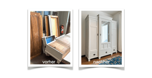 Vorher-nachher Bild Möbelaufarbeitung: alter Holzschrank, restauriert als weißer Schrank, Werkstattfürschönes