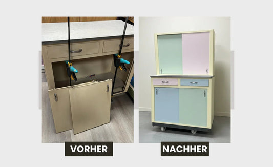 Vorher-nachher Vergleich restaurierter Küchenschrank in Pastellfarben, Werkstattfürschönes Düsseldorf
