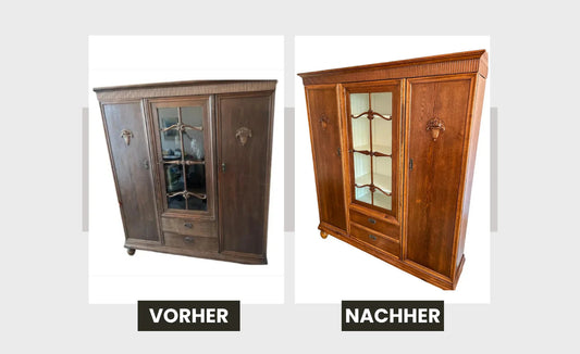 Vorher-nachher Bild restaurierter Holzschrank, Möbelaufarbeitung Werkstattfürschönes Düsseldorf
