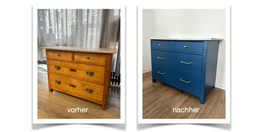 Vorher-nachher-Bild Gründerzeitkommode, aufgearbeitet in Blau, Werkstattfürschönes Düsseldorf