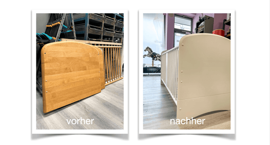 Upcycling Beispiel Kinderbett: vorher naturholz, nachher weiß lackiert, Werkstatt für Schönes Düsseldorf