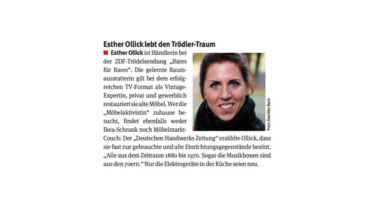 Zeitungsausschnitt mit Porträt von Frau, Text über Möbelrestaurierung und Vintage-Workshops.