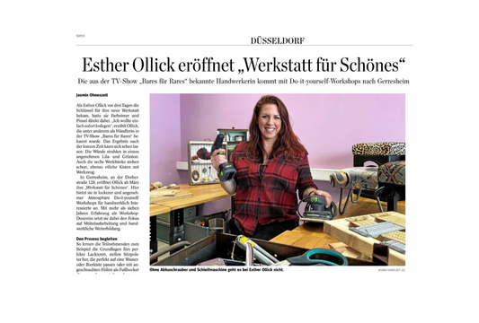 Frau mit Akkuschrauber und Schleifmaschine in Werkstatt für Schönes Düsseldorf, DIY Workshop Einrichtung