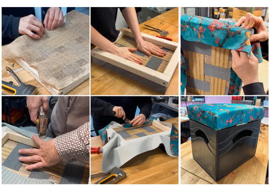DIY Polster-Workshop in Düsseldorf-Gerresheim, handgefertigter Hocker mit buntem Stoff