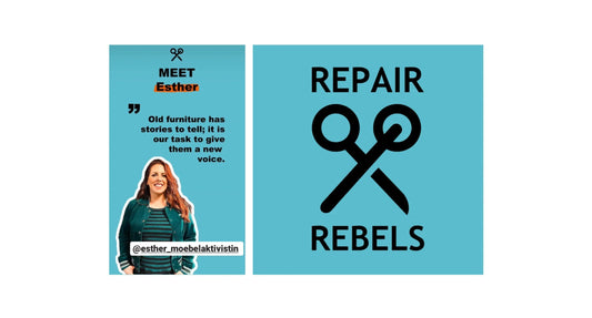 Frau vor blauem Hintergrund, Text über Möbelaufarbeitung, Repair Rebels Logo mit Schere, Werkstattfürschönes