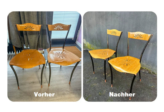 Vorher-nachher Vergleich von restaurierten Holzstühlen in Werkstatt für Schönes Düsseldorf