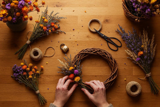Handwerklicher Workshop: Hände binden aus Trockenblumen einen dekorativen Kranz auf Holztisch