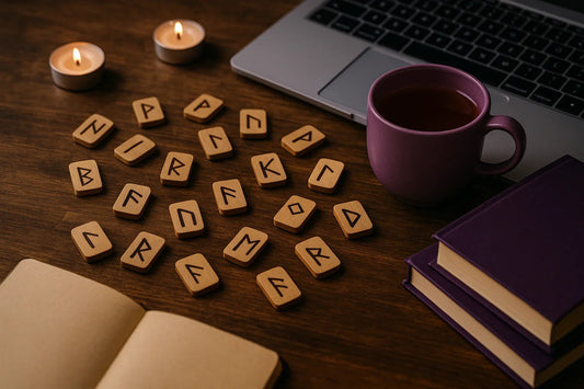 Holz-Runensteine, Notizbuch, Kerzen, lila Tasse und Laptop auf Holztisch, Workshop Atmosphäre