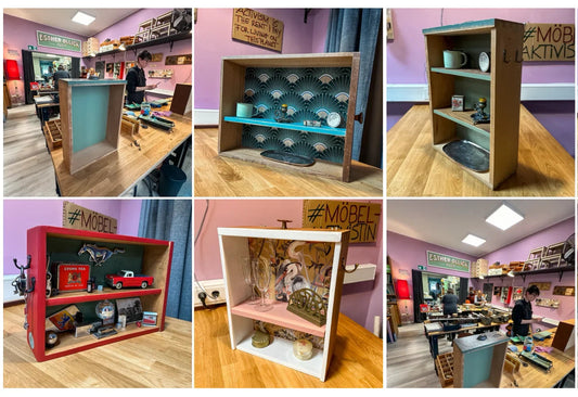 Upcycling-Workshop in der Werkstattfürschönes Düsseldorf: Schubladen werden kreativ zu Regalen gestaltet.