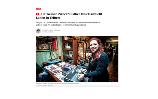 Frau in Werkstatt für Schönes verpackt Dekoartikel, Möbel und Stoffmuster, DIY-Workshops Düsseldorf